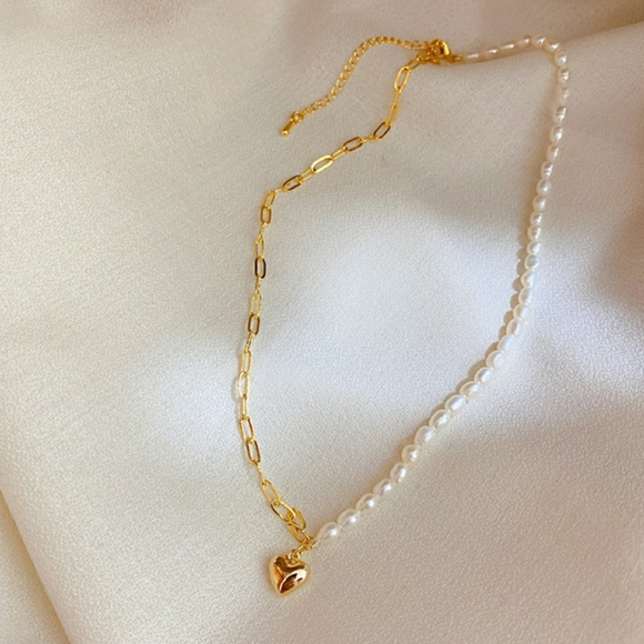 NEW 18K Gold Plated Real Baroque Pearl Chain Link Heart Pendant Choker Necklace - Picture 8 of 11